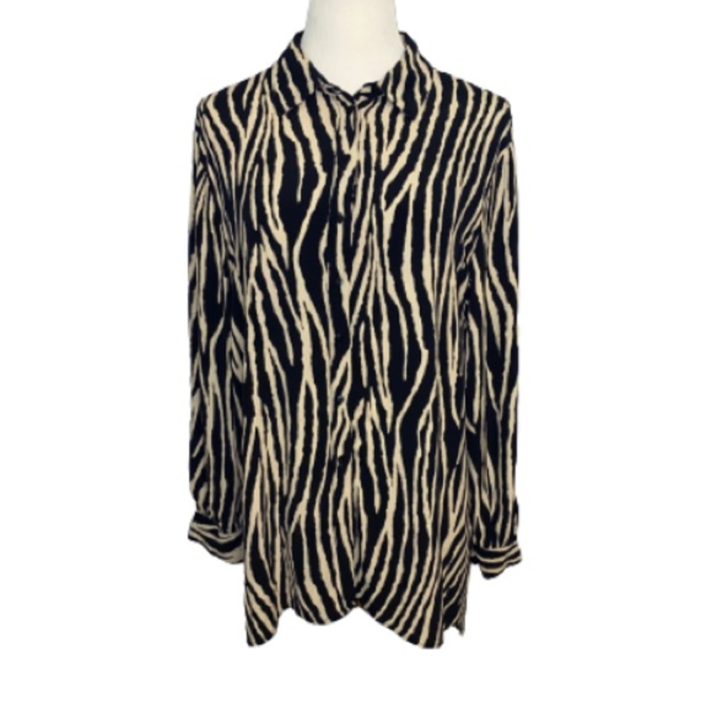 Zara Black & Tan Zebra Print Button Down Shirt Size XL